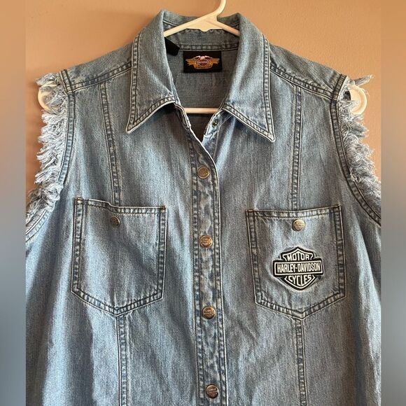 Harley-Davidson denim button down cutoff top - Picture 2 of 5
